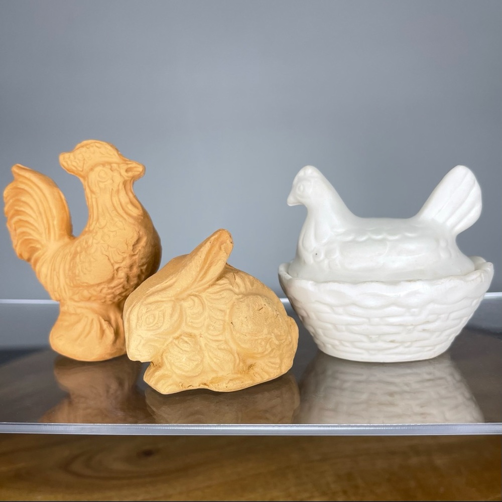 Nesting Rooster Trinket Box and Rooster & Bunny Figurines